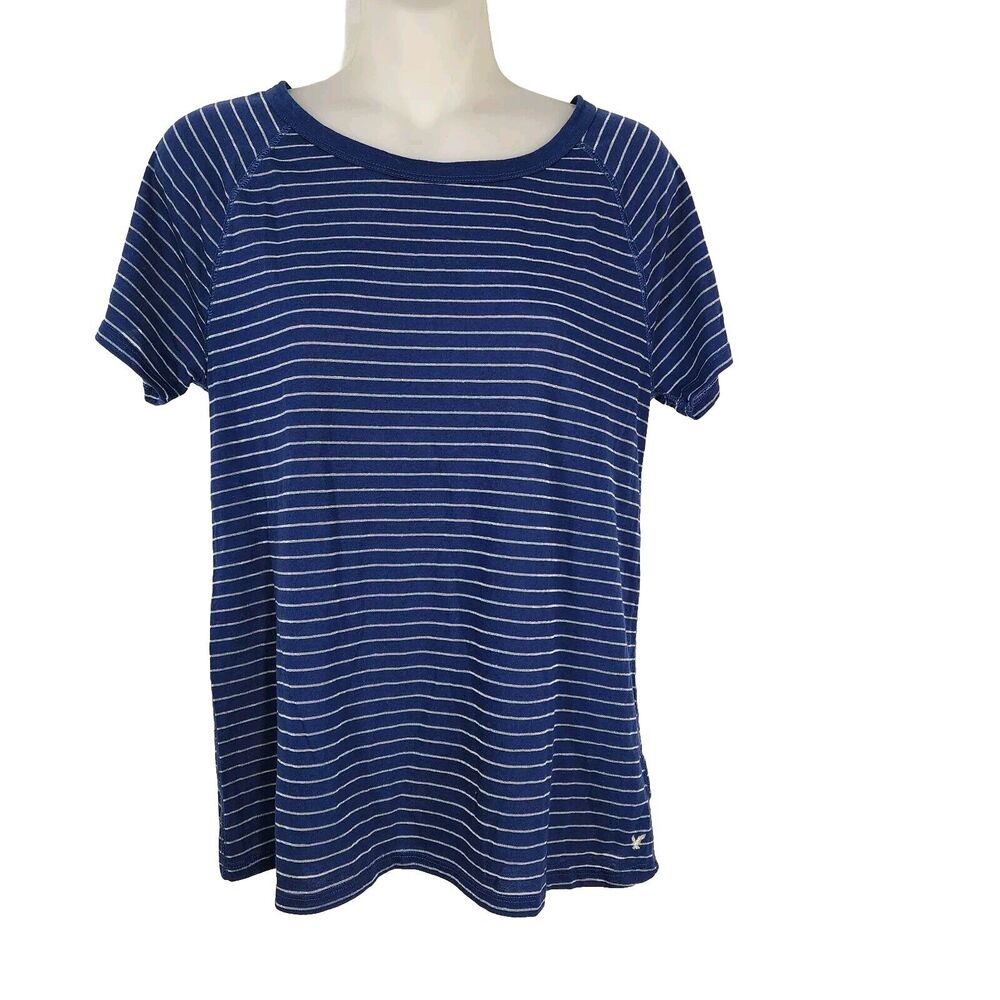 American Eagle Ultimate Womens T Shirt Small Blue Striped Metallic Short Sleeve